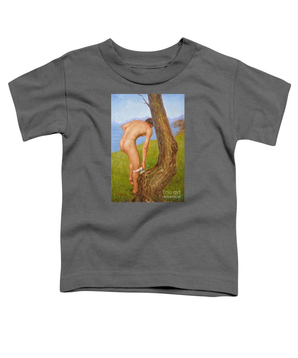 Original Toddler T-Shirt featuring the painting Original Oil Painting Man Body Art Male Nude-029 by Hongtao Huang