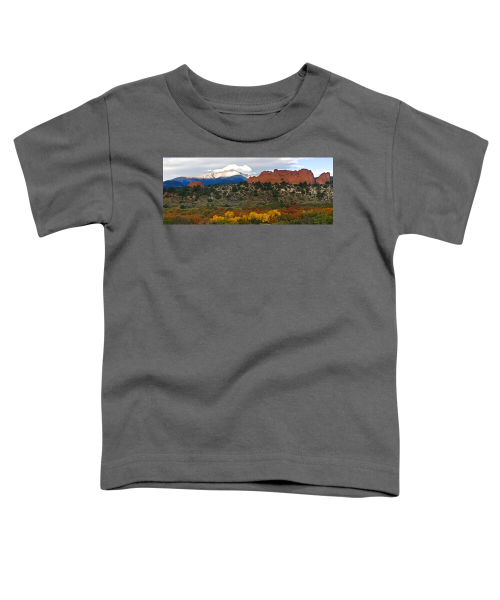 Garden Of The Gods Toddler T-Shirt featuring the photograph Pikes Peak Fall Pano by Ronda Kimbrow