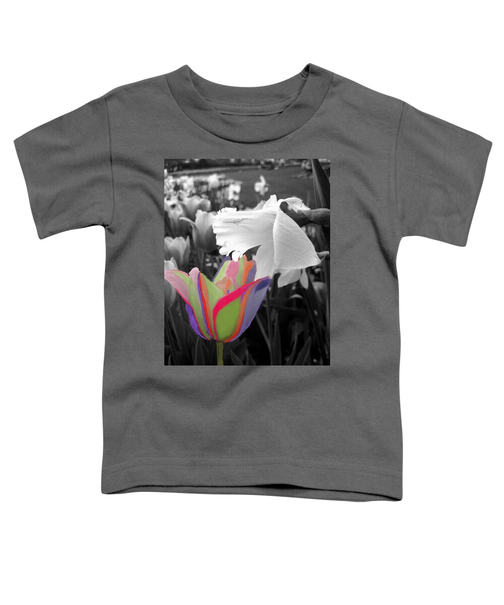 Colorized Tulips Toddler T-Shirt featuring the digital art Quilted-look Tulip And A Daffodil by Pamela Smale Williams