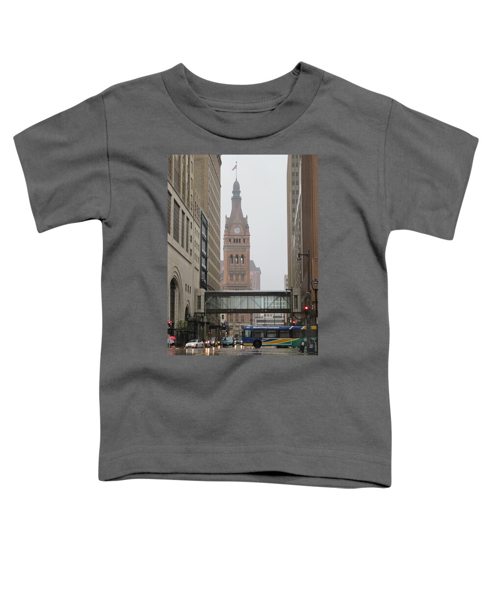 Milwaukee Toddler T-Shirt featuring the photograph Rain City Hall and Bus by Anita Burgermeister