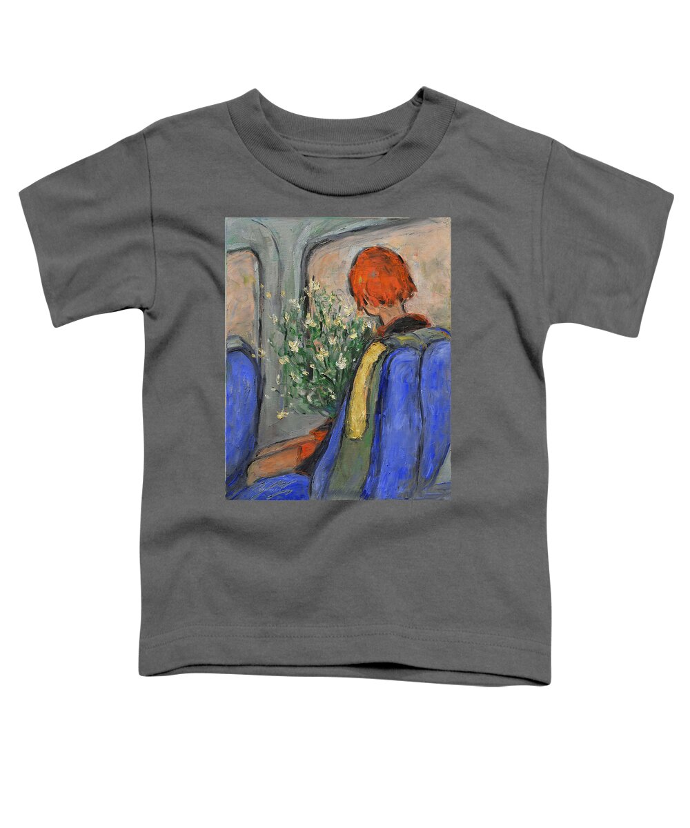 Red-haired Toddler T-Shirt featuring the painting Red-Haired Girl on a Sydney Train by Xueling Zou