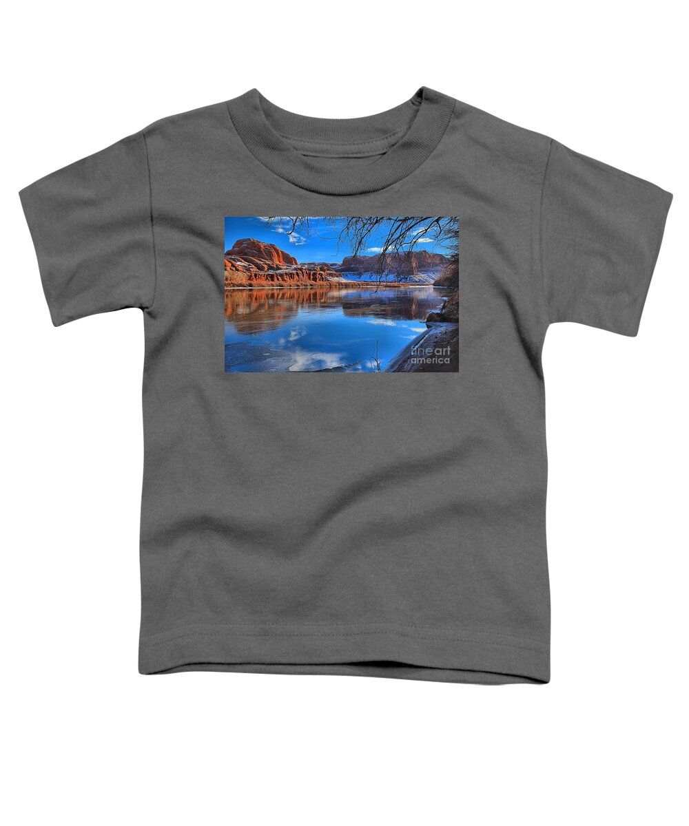 Moab Utah Toddler T-Shirt featuring the photograph Red Rocks Ice And Blue Skies by Adam Jewell