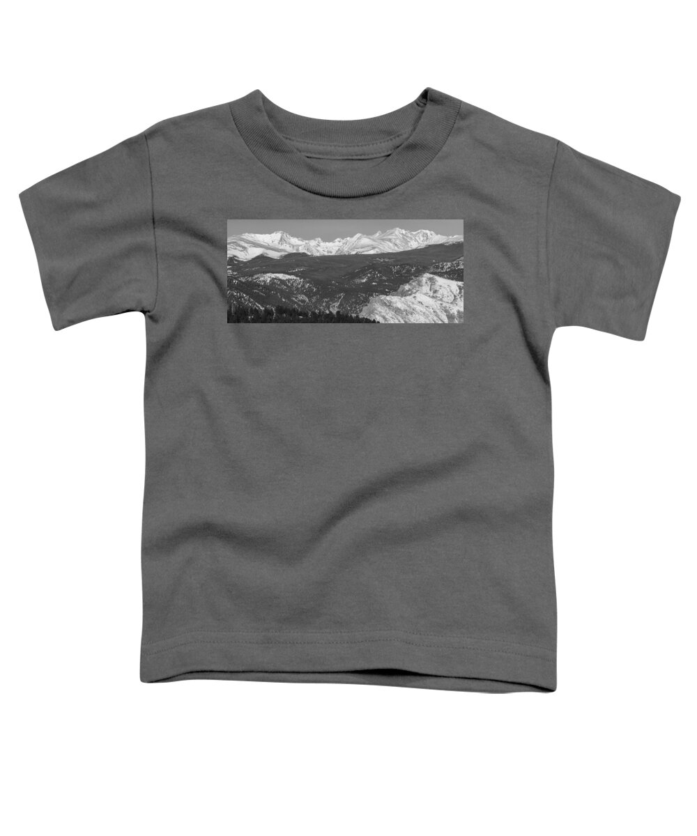 Winter Toddler T-Shirt featuring the photograph Rocky Mountain Continental Divide Winter Panorama Black White by James BO Insogna