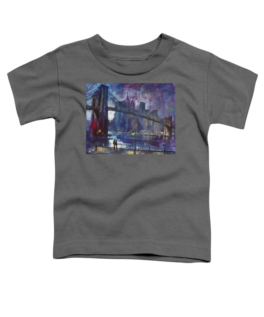 Brooklyn Bridge Toddler T-Shirt featuring the painting Romance by East River NYC by Ylli Haruni