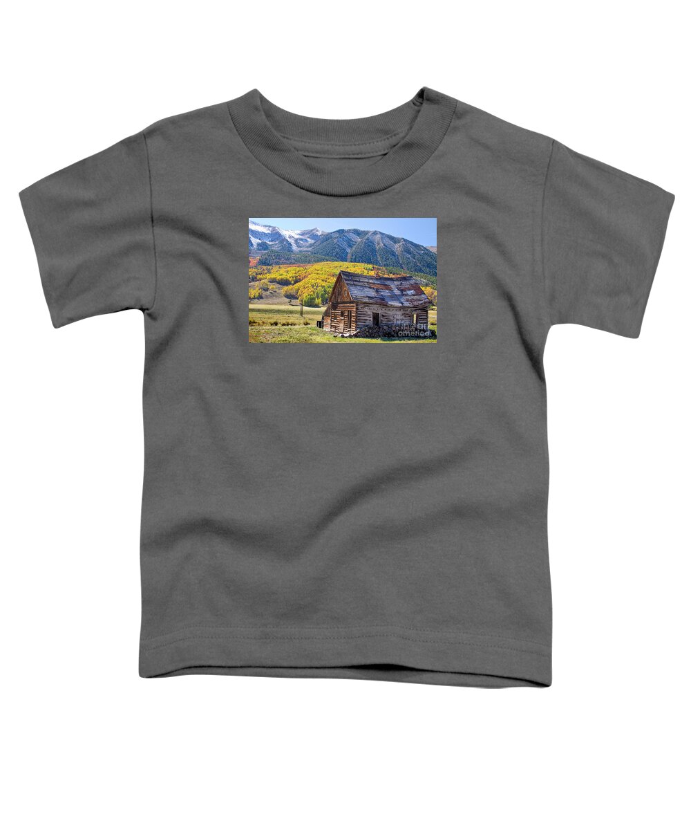 Aspens Toddler T-Shirt featuring the photograph Rustic Rural Colorado Cabin Autumn Landscape by James BO Insogna