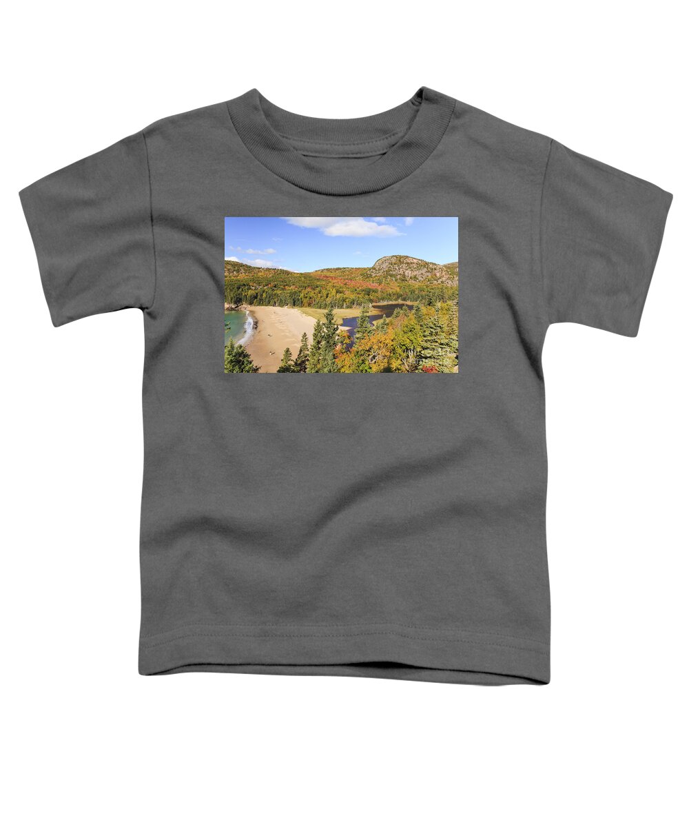 Acadia Toddler T-Shirt featuring the photograph Sand Beach and The Beehive in Autumn Acadia National Park by Ken Brown