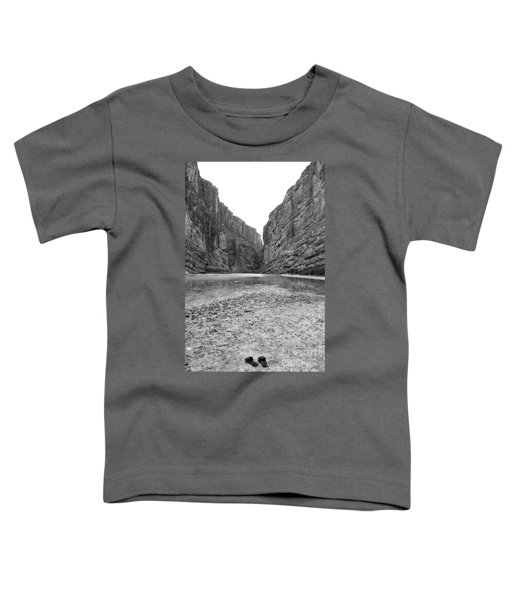Big Bend National Park Toddler T-Shirt featuring the photograph Sandals in Santa Elena Canyon Big Bend National Park Texas Black and White by Shawn O'Brien