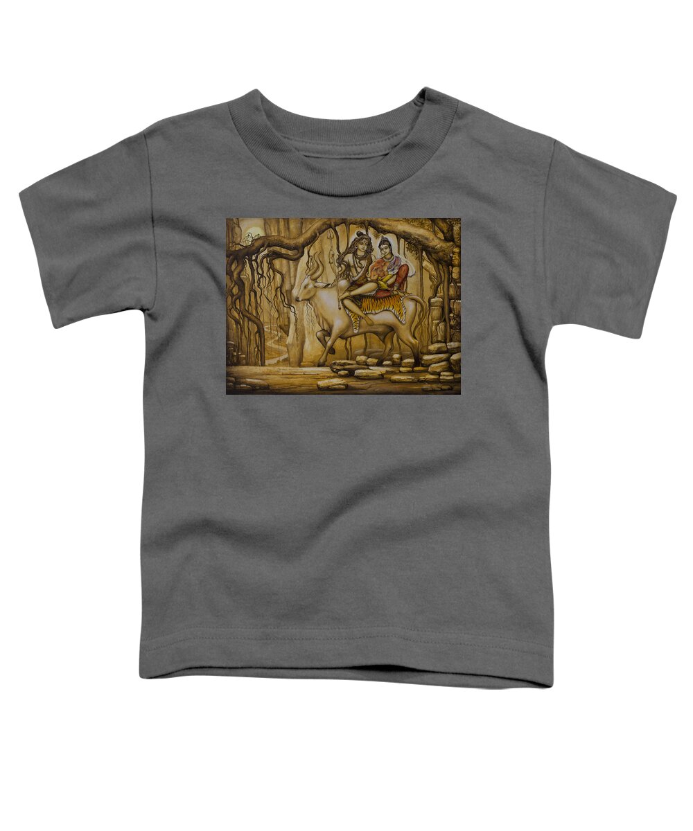 Shiva Toddler T-Shirt featuring the painting Shiva Parvati Ganesha by Vrindavan Das