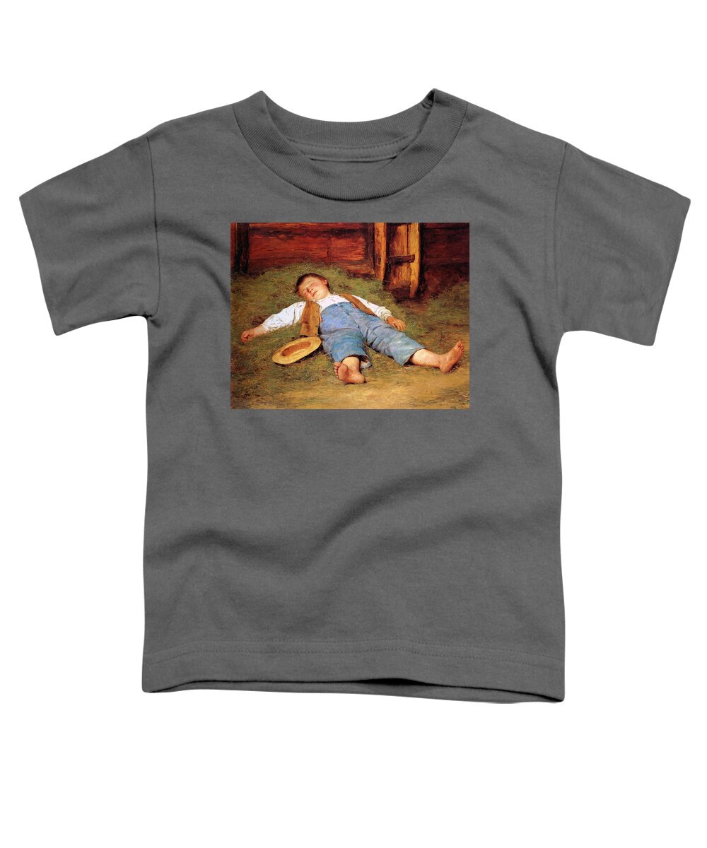 Albert Anker Toddler T-Shirt featuring the painting Sleeping boy in the hay by Albert Anker