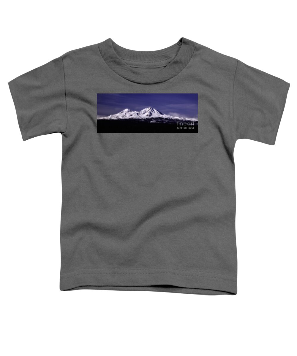 Three Sisters Mountain Photographs Toddler T-Shirt featuring the photograph Snow Covered Two of Three Sisters Mountain Tops In Oregon by Jerry Cowart
