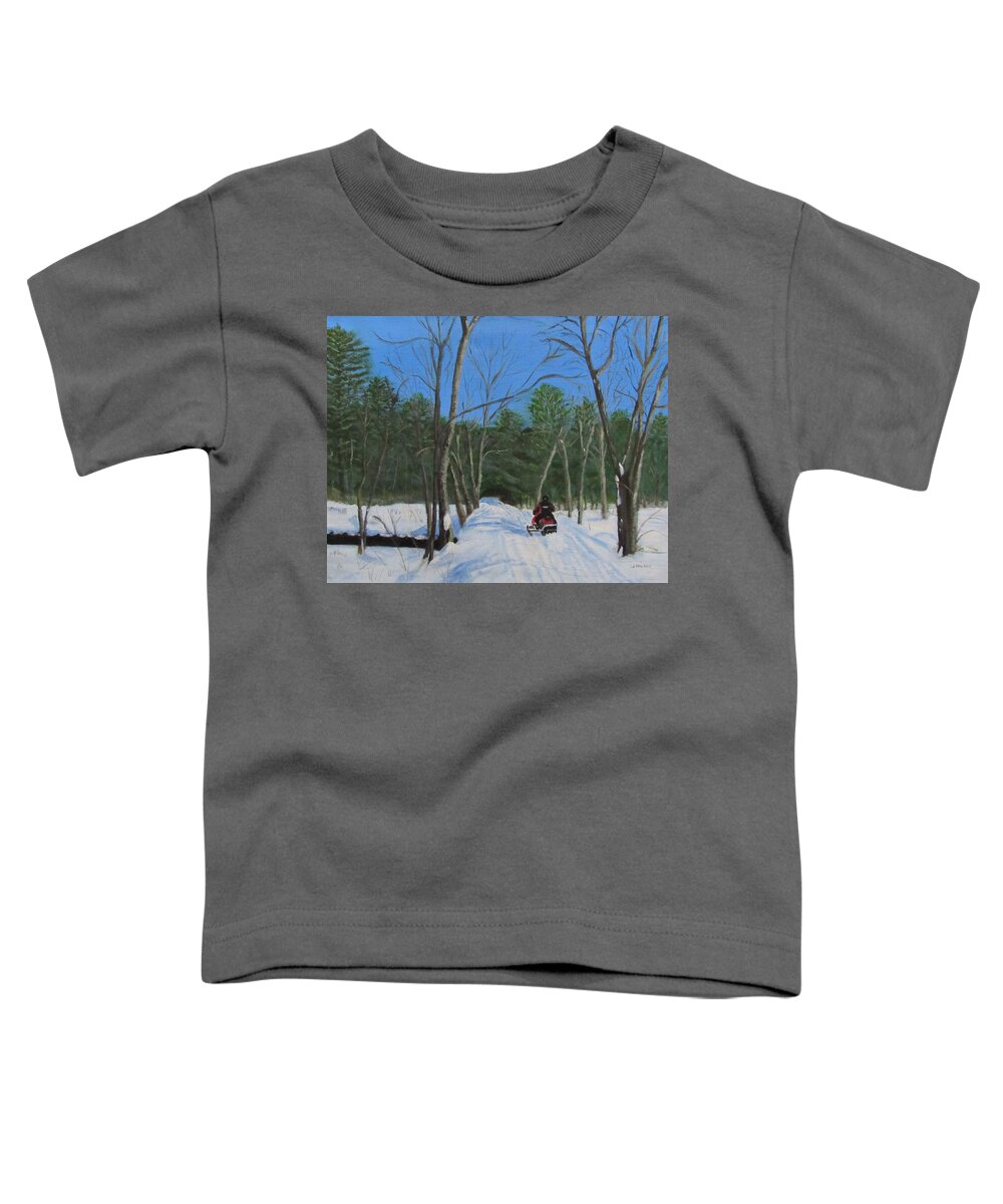 Landscape Toddler T-Shirt featuring the painting Snowmobile on Trail by Linda Feinberg