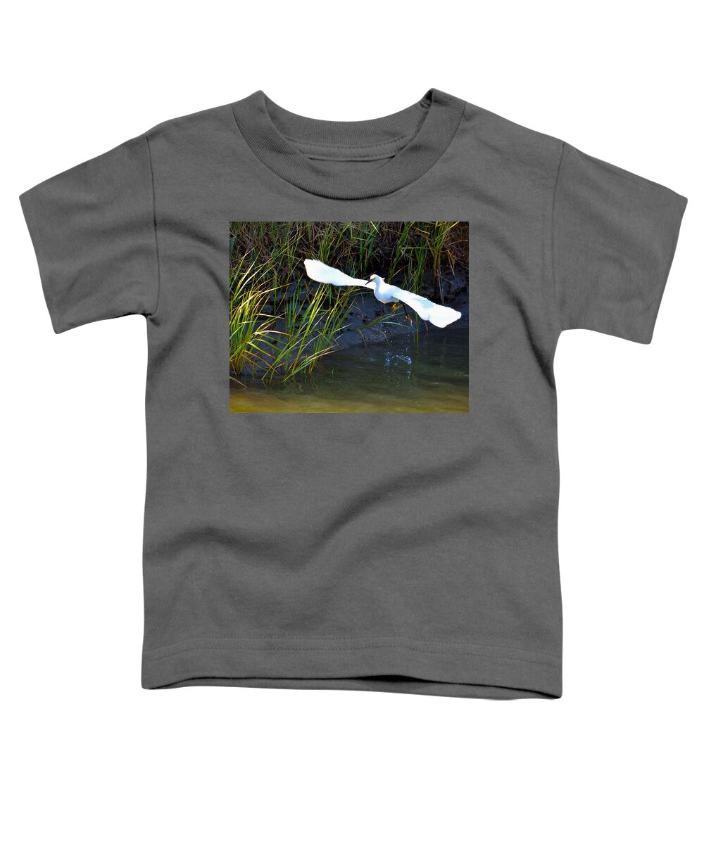 Snowy Egret Toddler T-Shirt featuring the photograph Snowy Egret Taking Flight by Brian Tada