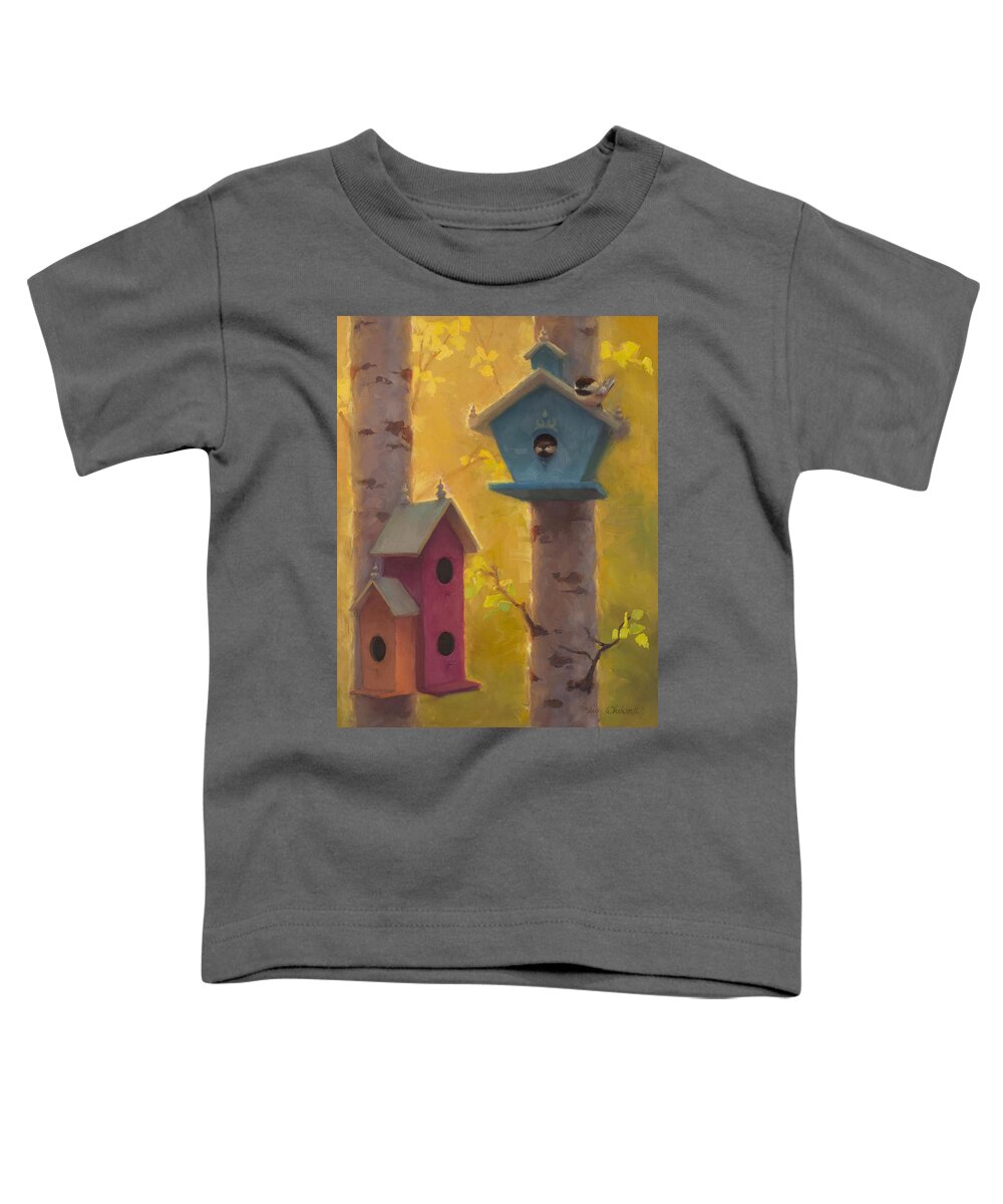 Chickadee Toddler T-Shirt featuring the painting Spring Chickadees 2 - Birdhouse and Birch Forest by K Whitworth