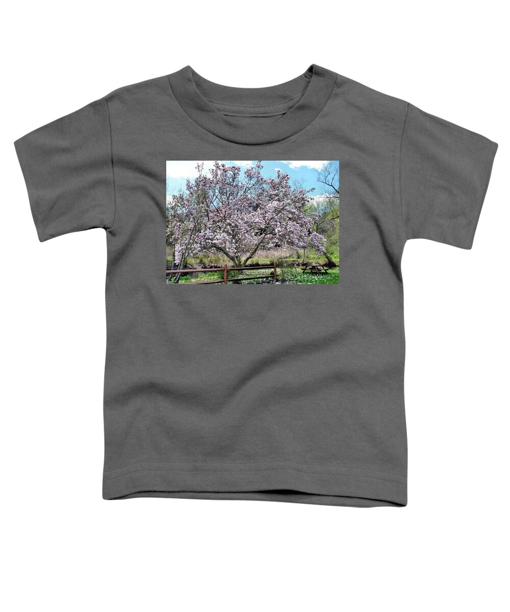 Pink Magnolia Tree Toddler T-Shirt featuring the photograph Spring Picnic by Janice Drew