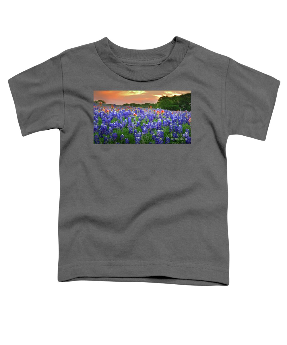 Spring Toddler T-Shirt featuring the photograph Springtime Sunset in Texas - Texas Bluebonnet wildflowers landscape flowers paintbrush by Jon Holiday