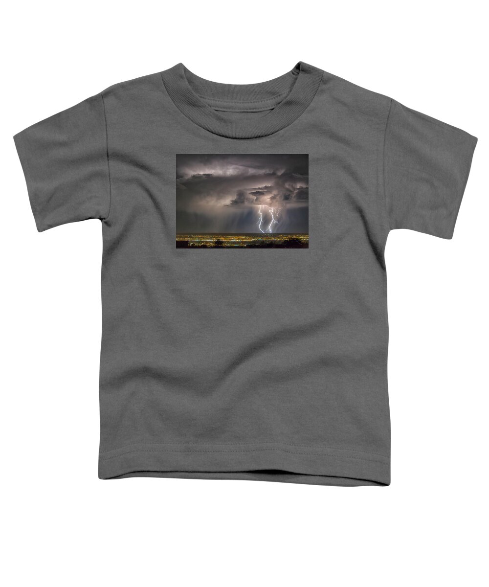 New Mexico Toddler T-Shirt featuring the photograph Storm Over Albuquerque by Alan Toepfer