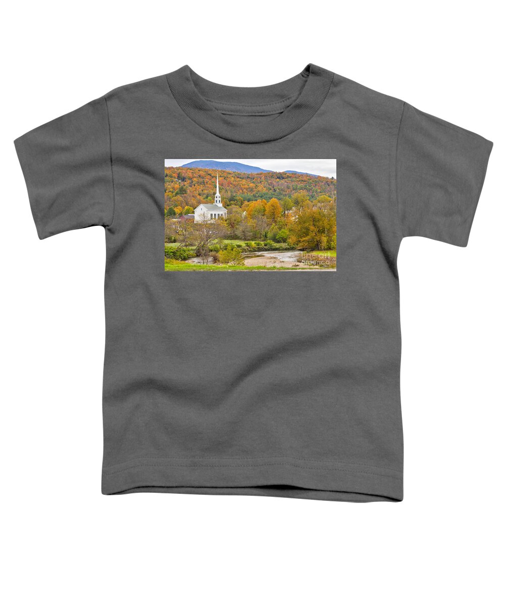 Stowe Toddler T-Shirt featuring the photograph Stowe Vermont community church and Little River by Ken Brown