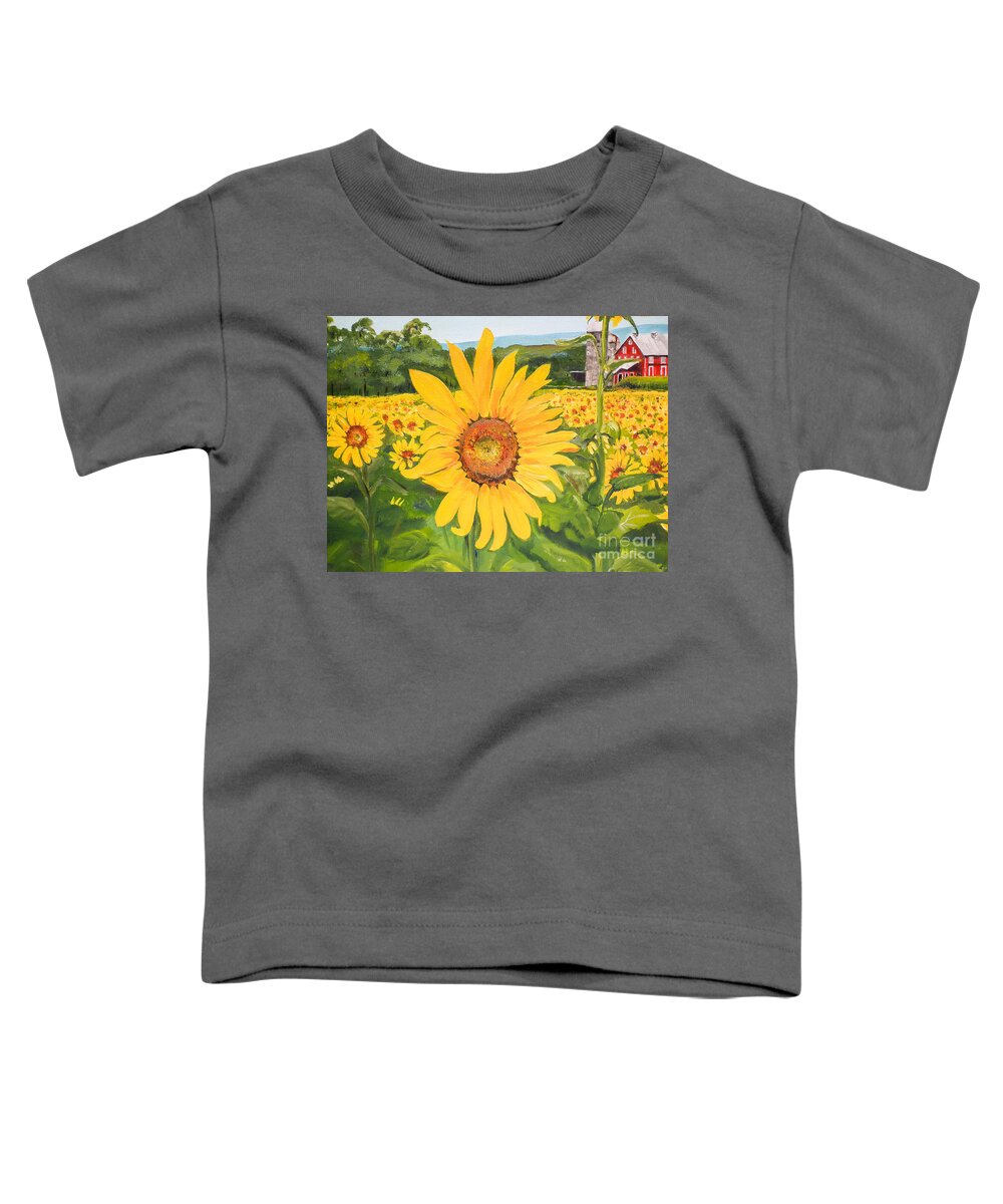 Sunflower Toddler T-Shirt featuring the painting Sunflowers - Red Barn - Pennsylvania by Jan Dappen