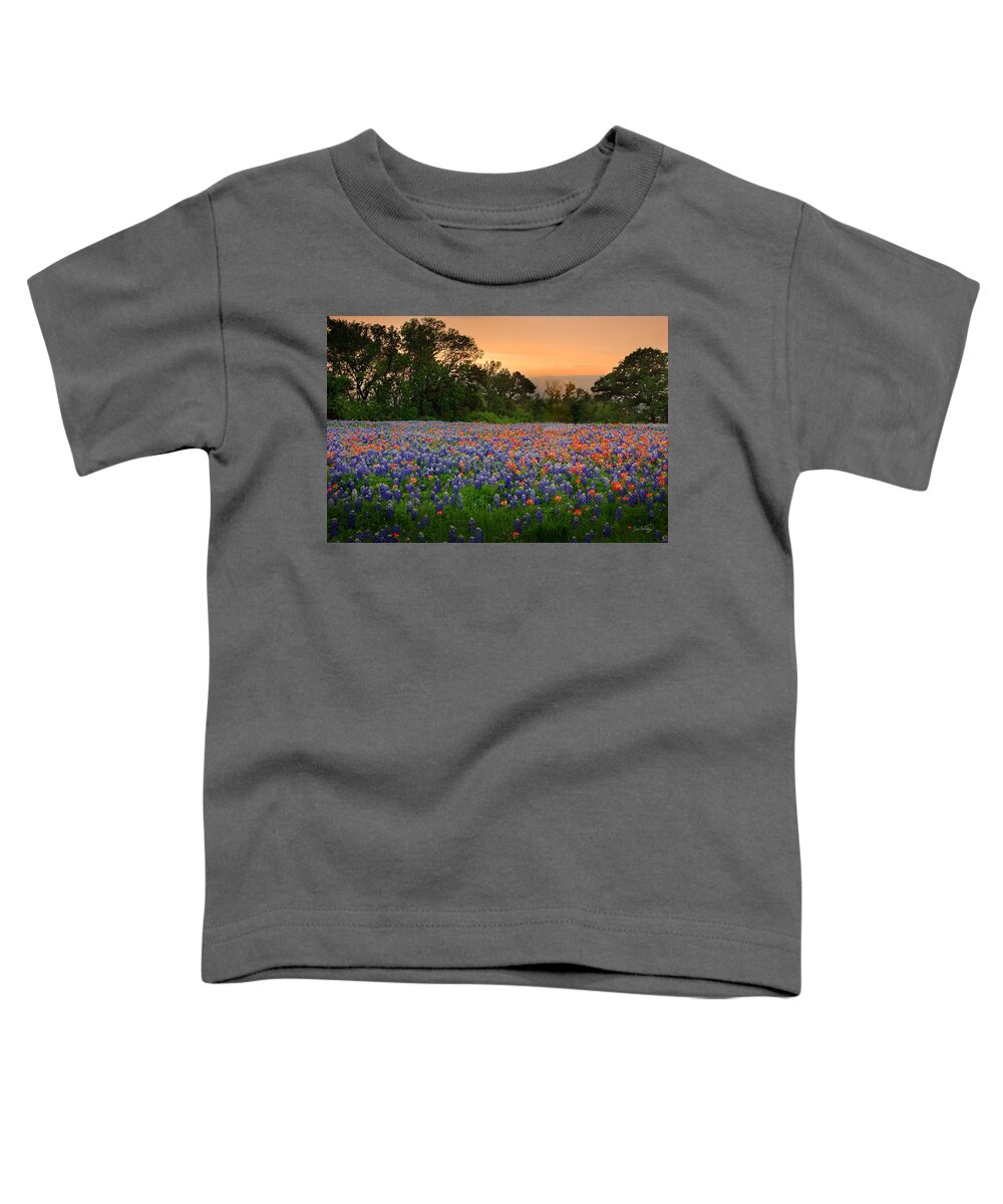 Bluebonnets Toddler T-Shirt featuring the photograph Texas Sunset - Bluebonnet Landscape Wildflowers by Jon Holiday