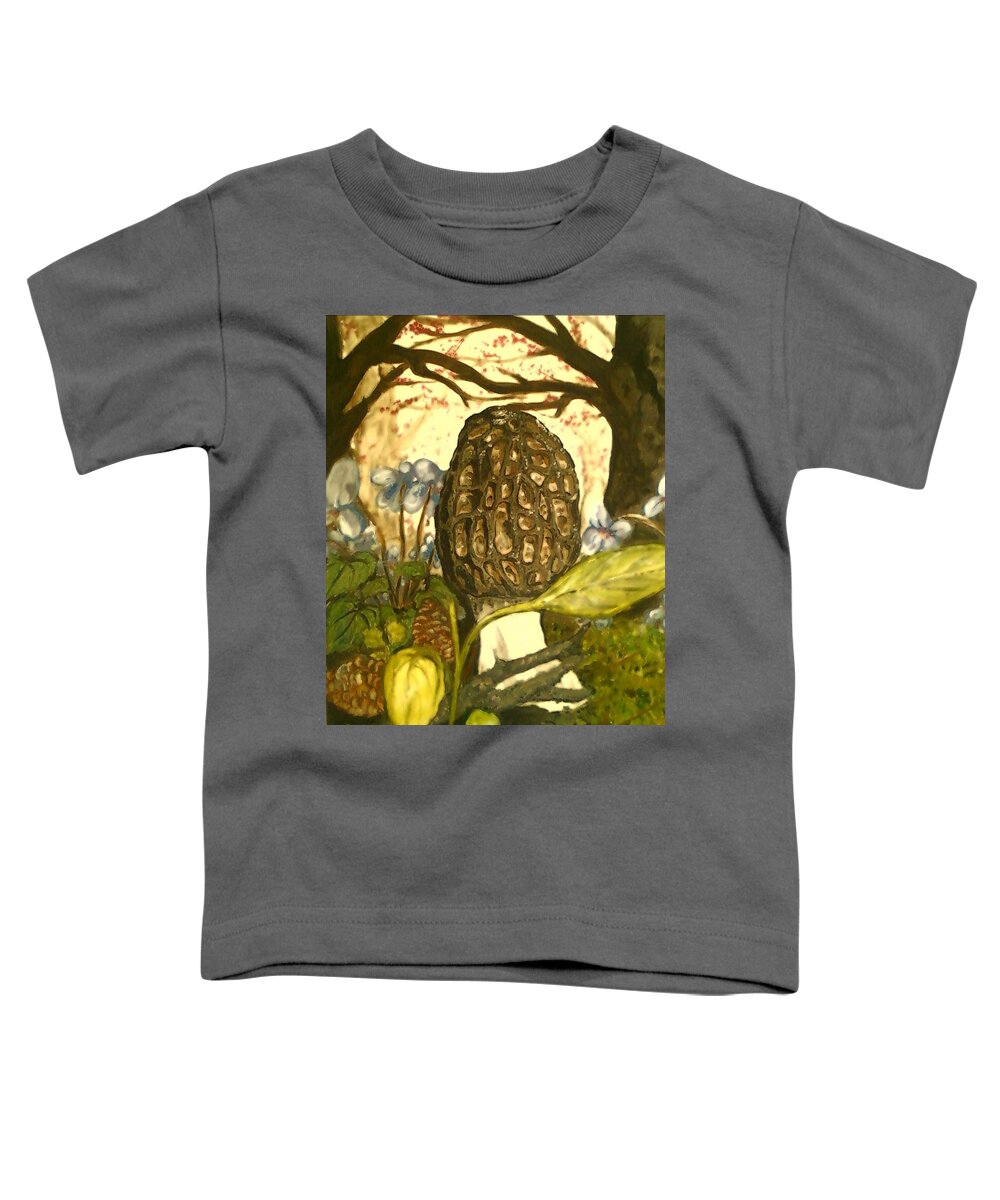 Morel Toddler T-Shirt featuring the painting The Elusive Morel Among Violets by Alexandria Weaselwise Busen