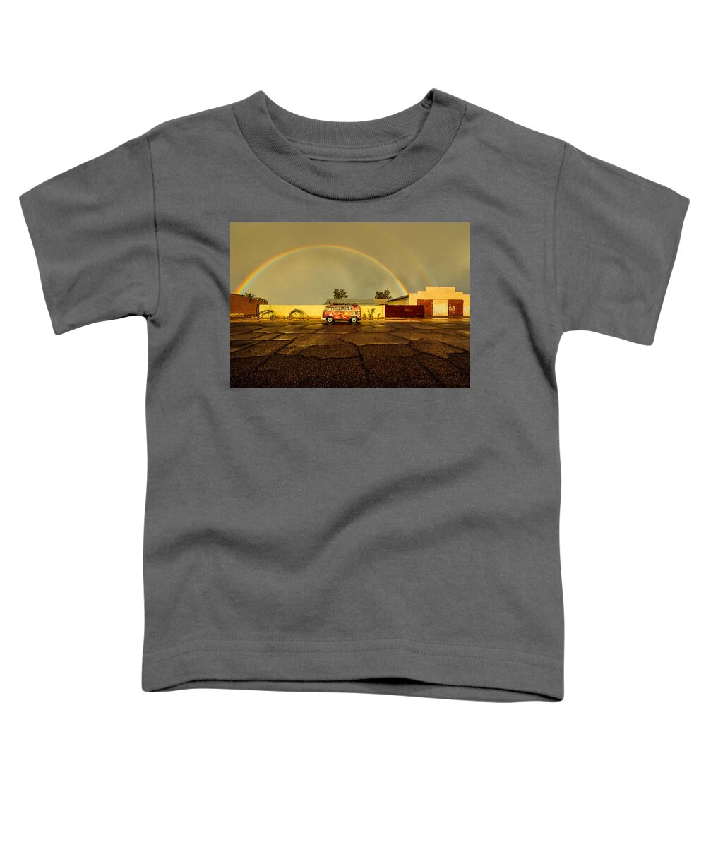 Vw Toddler T-Shirt featuring the photograph The Rustybus Enjoys the Golden Light Under the Rainbow by Richard Kimbrough