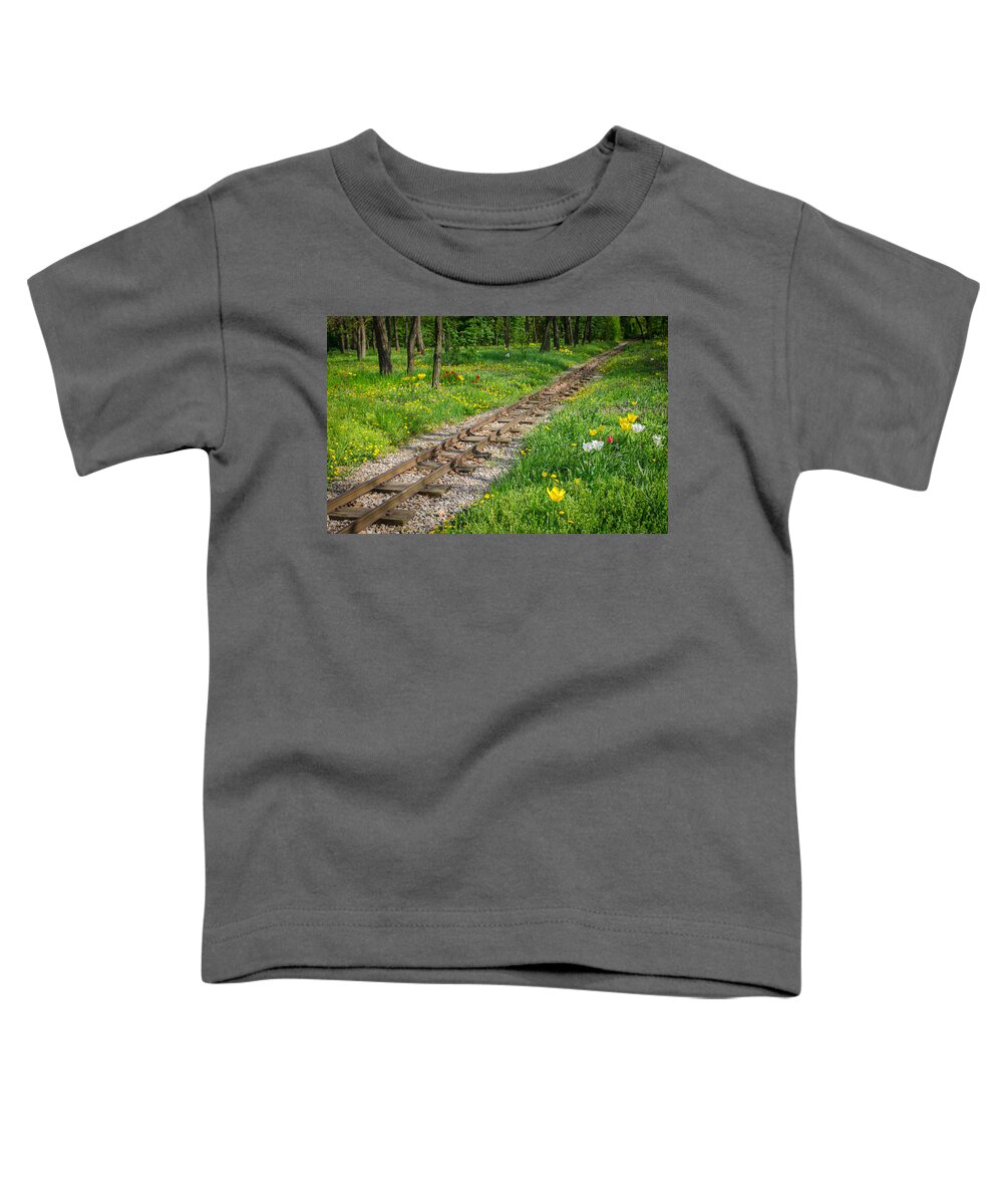 Railroad Toddler T-Shirt featuring the photograph Train Tracks Through Mystic Flower Forest by Andreas Berthold