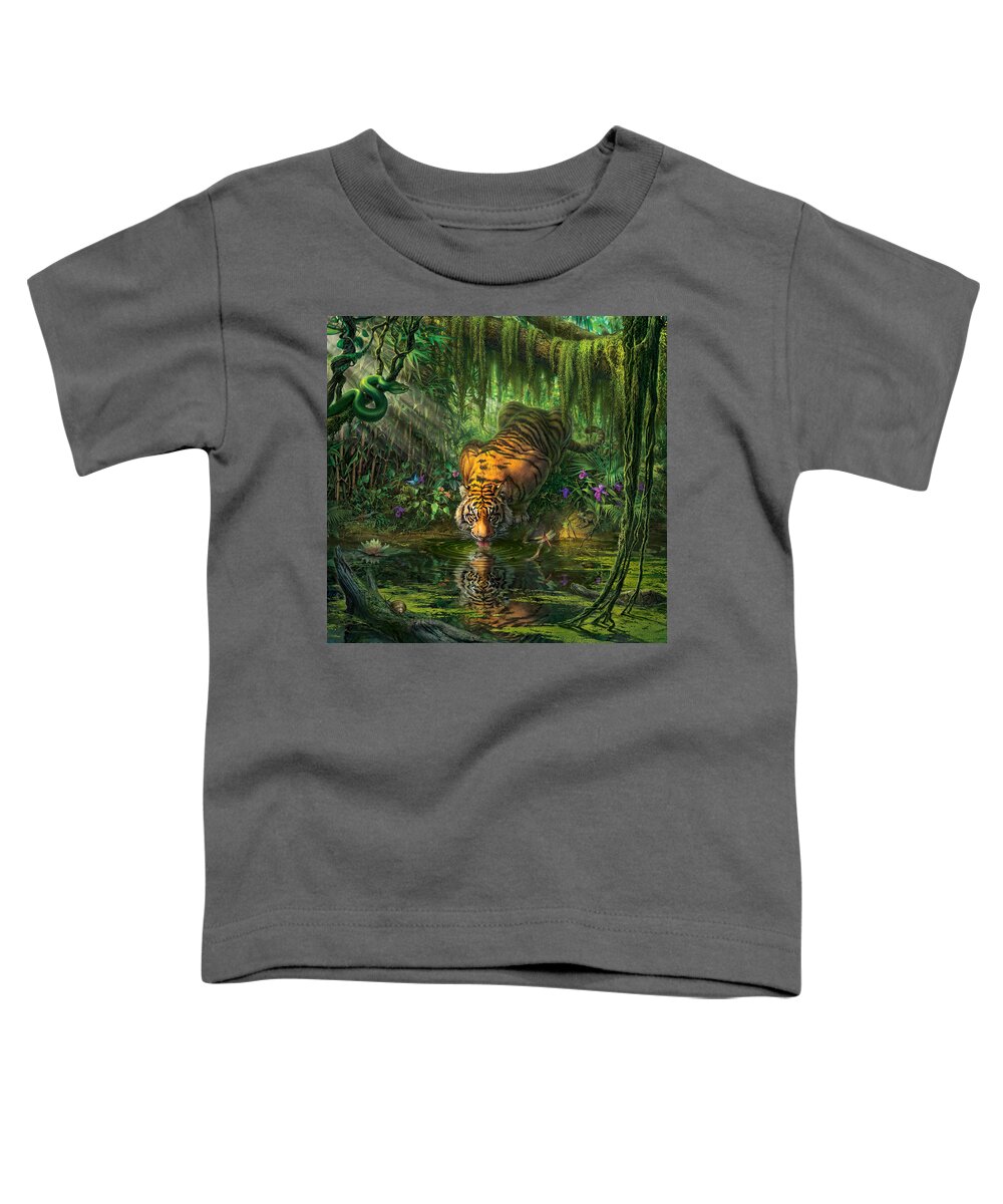 Bambootiger Dragonfly Butterfly Bengal Tiger India Rainforest Junglefredrickson Snail Water Lily Orchid Flowers Vines Snake Viper Pit Viper Frog Toad Palms Pond River Moss Tiger Paintings Jungle Tigers Tiger Art Toddler T-Shirt featuring the digital art Aurora's Garden by Mark Fredrickson