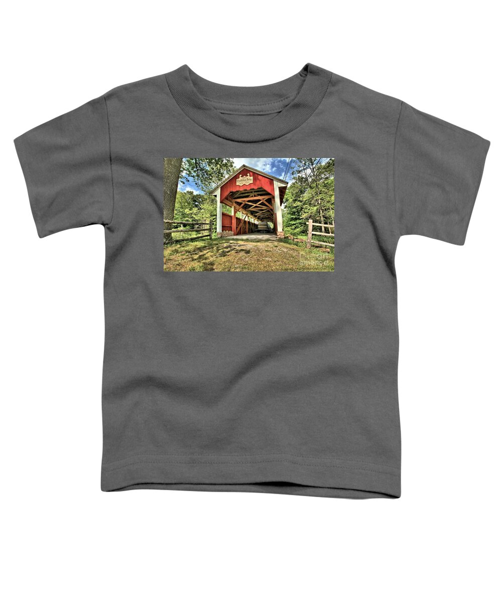 Covered Bridge Toddler T-Shirt featuring the photograph Trostle Town Covered Bridge by Adam Jewell