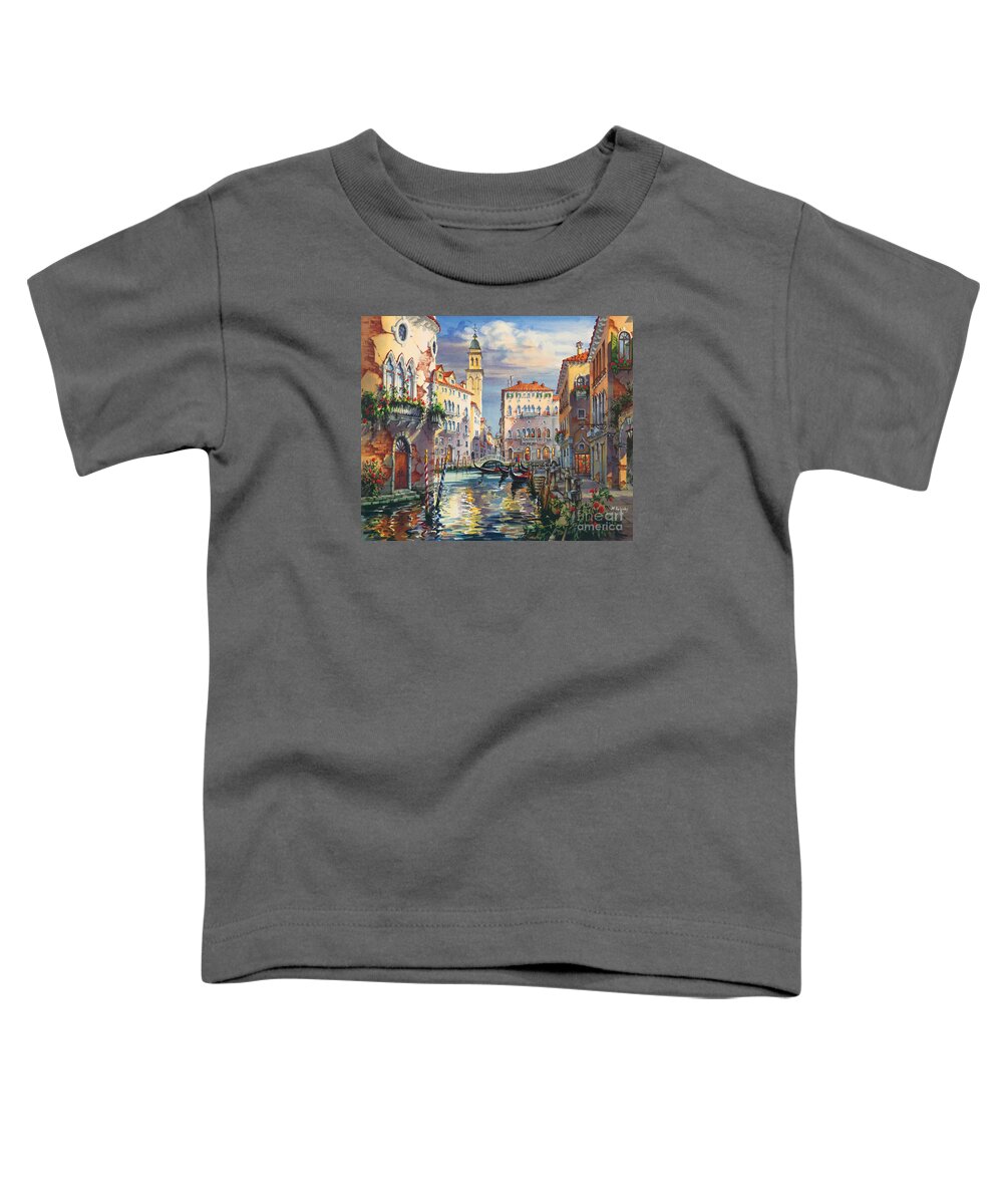 Venetian Canal Toddler T-Shirt featuring the painting Venice before sunset by Maria Rabinky