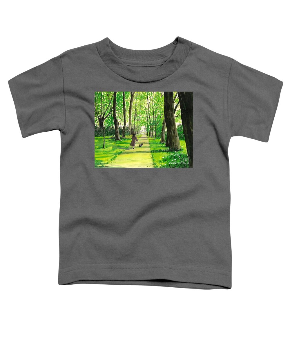 Print Toddler T-Shirt featuring the painting Walking The Scottie by Margaryta Yermolayeva