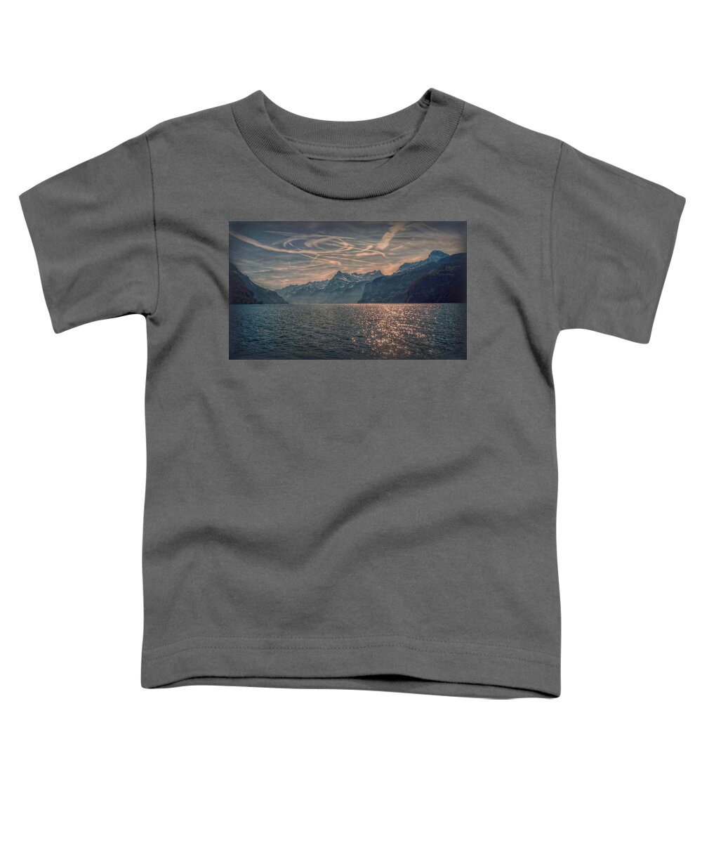 Switzerland Toddler T-Shirt featuring the photograph Water Sky and Mountains by Hanny Heim