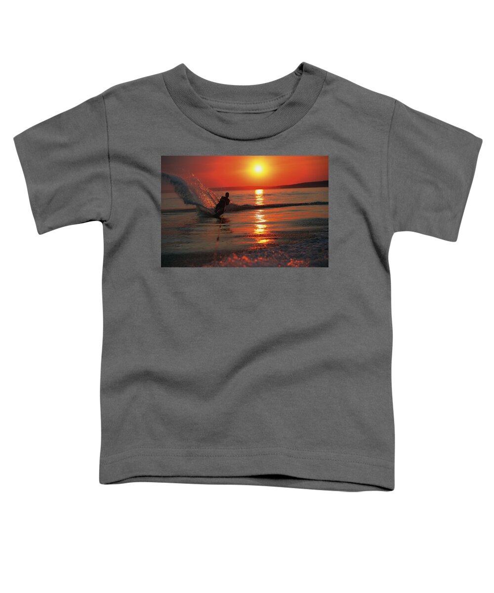 Alberta Toddler T-Shirt featuring the photograph Waterskiing At Sunset by Misty Bedwell