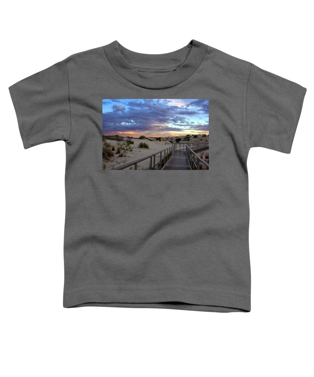 White Sands Toddler T-Shirt featuring the photograph White Sands Boardwalk at Sunset by Diana Powell
