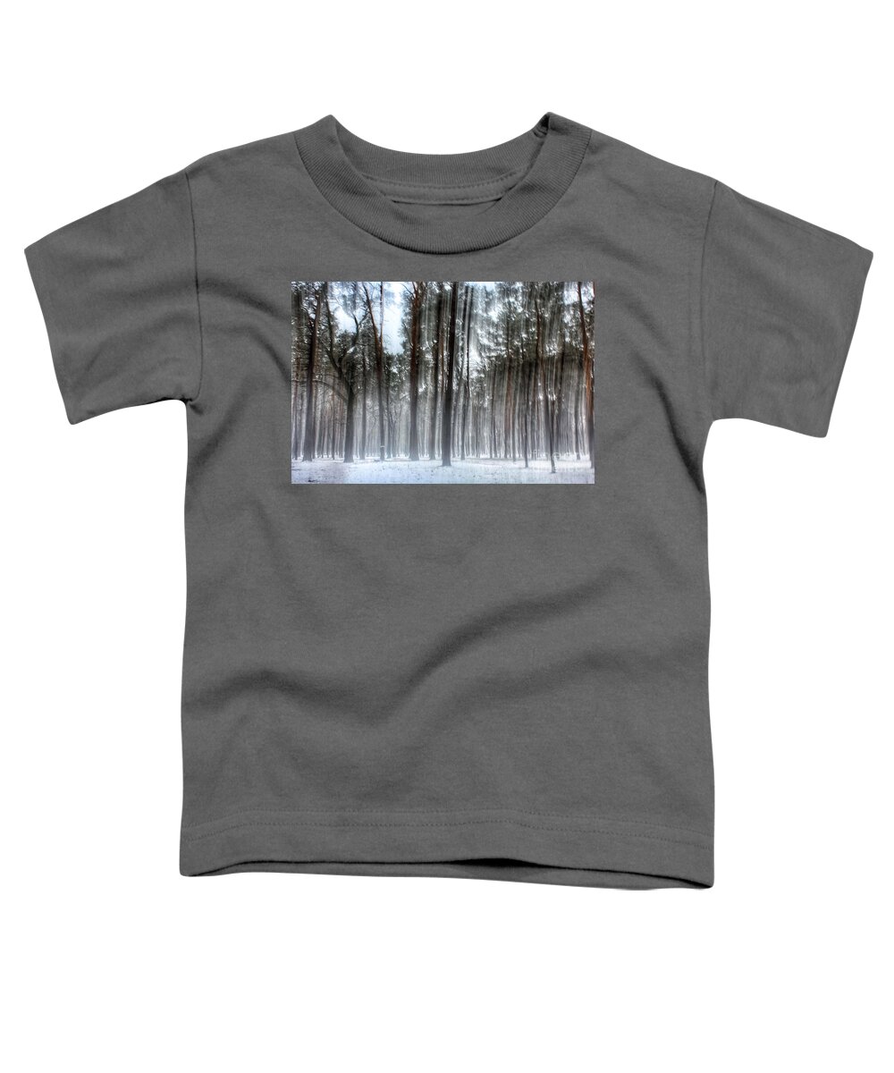 Tree Toddler T-Shirt featuring the photograph Winter light in a forest with dancing trees by Iryna Liveoak