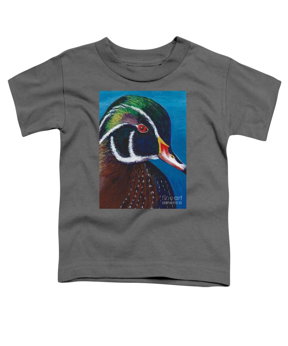 #ducks #wood Ducks #waterfowl #nature #wildlife #ponds #water Toddler T-Shirt featuring the painting Wood Duck by Allison Constantino