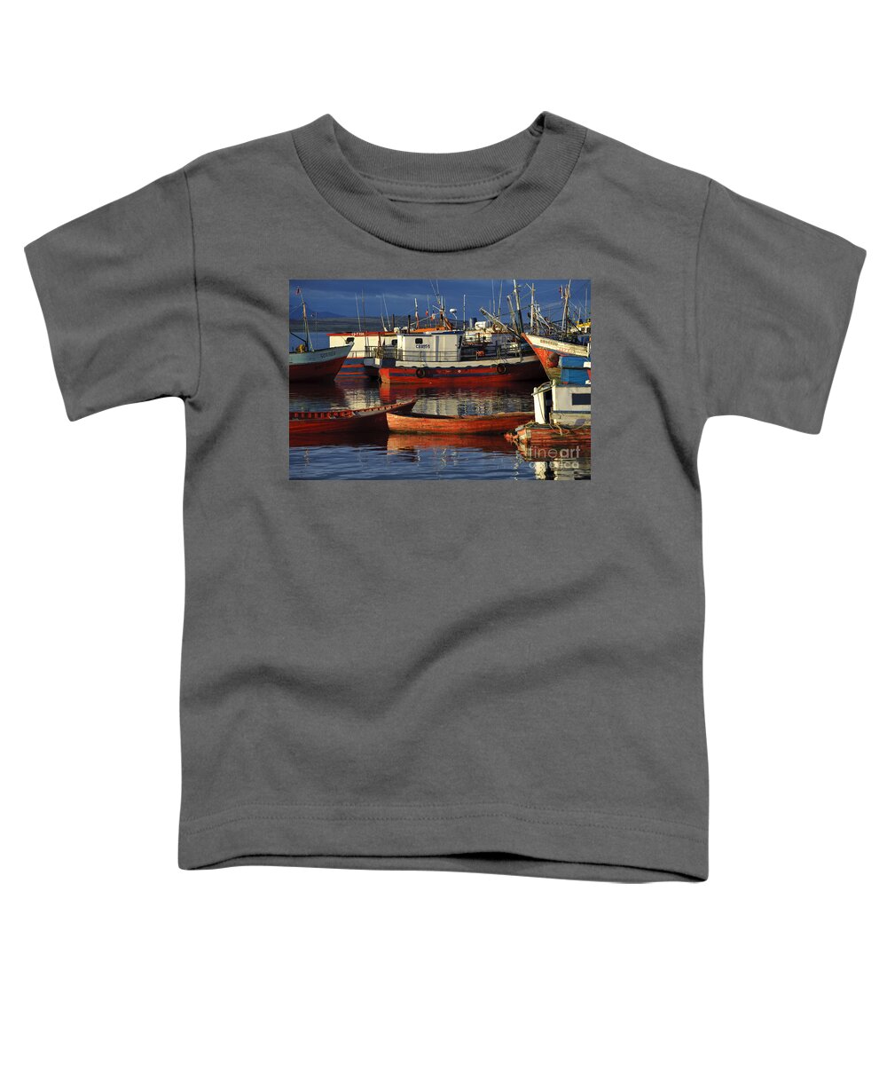 Chile Toddler T-Shirt featuring the photograph Wooden Fishing Boats Docked In Chile by John Shaw
