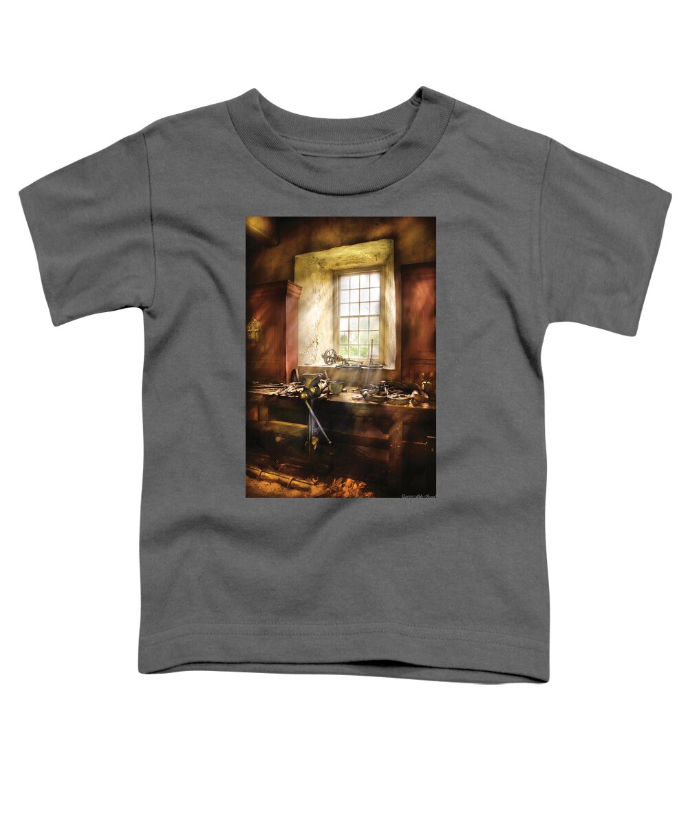 Savad Toddler T-Shirt featuring the photograph Woodworker - Many old tools by Mike Savad