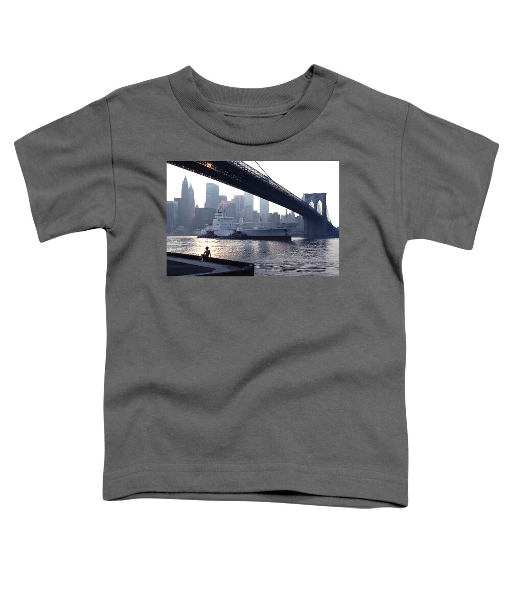 Awesome Toddler T-Shirt featuring the photograph Boy Freighter Brooklyn Bridge Sunset by Tom Wurl