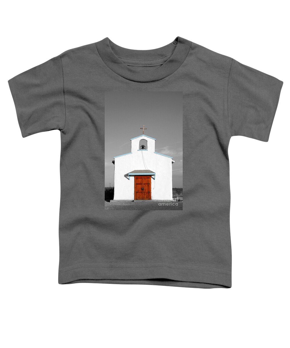 Travelpixpro West Texas Toddler T-Shirt featuring the photograph Calera Mission Chapel Facade in West Texas Color Splash Black and White by Shawn O'Brien