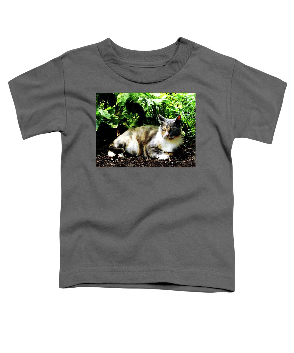 Cat Toddler T-Shirt featuring the photograph Cat Relaxing in Garden by Susan Savad