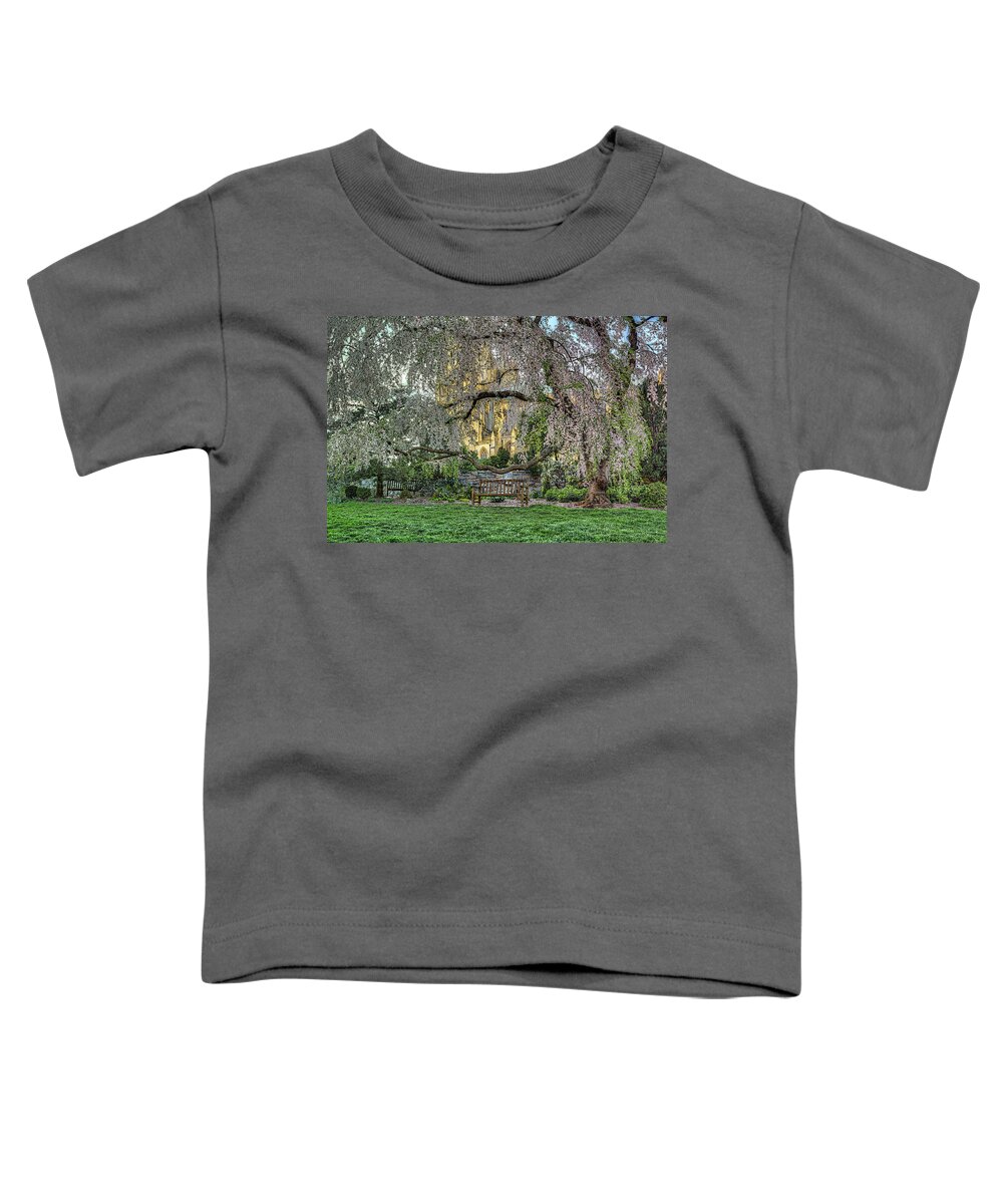 Metro Toddler T-Shirt featuring the photograph Cherry Blossoms at the Washington National Cathedral by Metro DC Photography