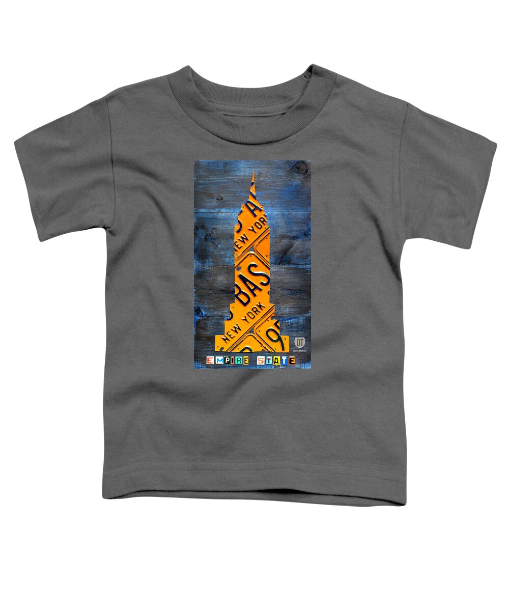 Nyc Toddler T-Shirt featuring the mixed media Empire State Building NYC License Plate Art by Design Turnpike