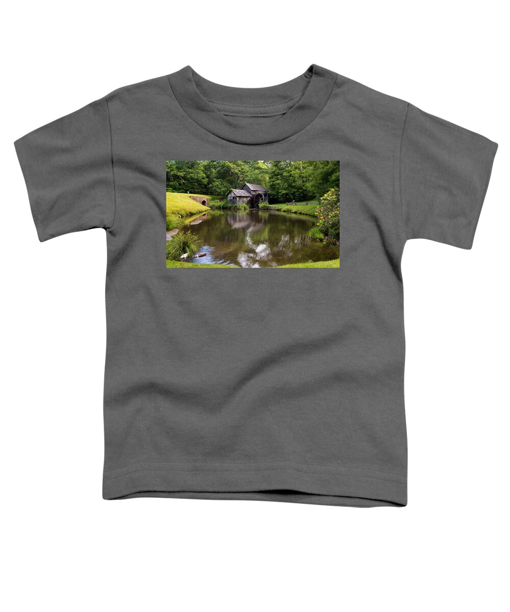 Blue Ridge Parkway Toddler T-Shirt featuring the photograph Mabry Mill and Pond by Lori Coleman