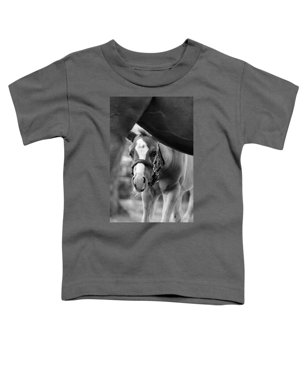 Horse Toddler T-Shirt featuring the photograph Peek'a Boo - Black and White by Angela Rath