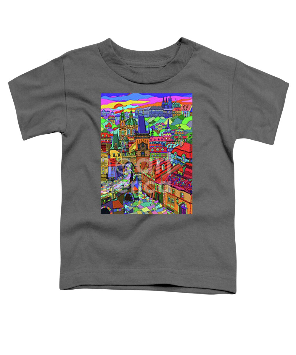 Colorful Toddler T-Shirt featuring the mixed media Prague Panorama with Charles Bridge by Yuriy Shevchuk