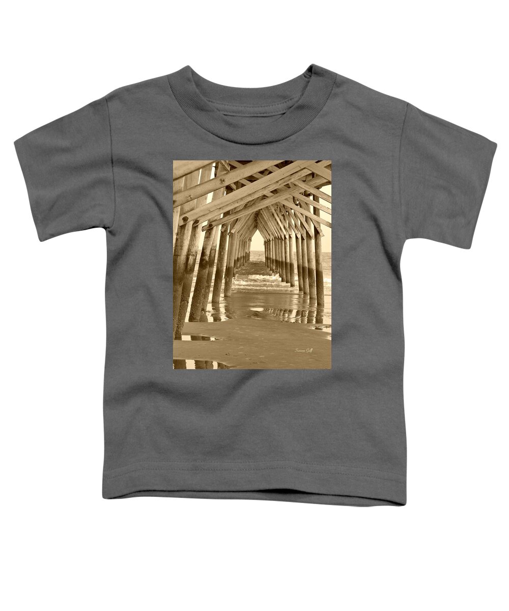 Boardwalk Toddler T-Shirt featuring the photograph Under the Pier - Sunset Beach in sepia by Suzanne Gaff
