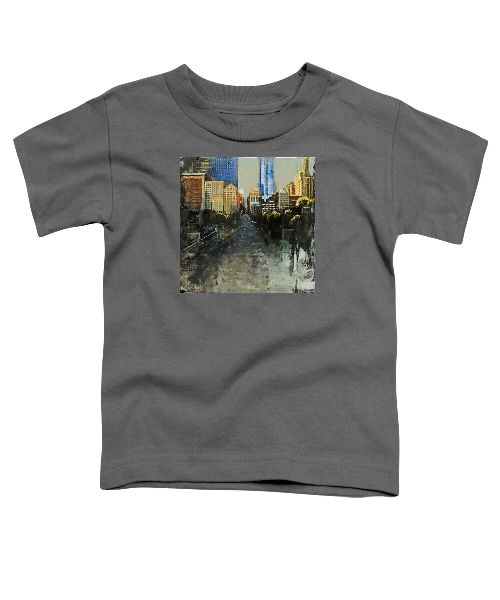 Us Toddler T-Shirt featuring the painting 068 Roads Houses Skyscrapers Chicago city Street by Maryam Mughal