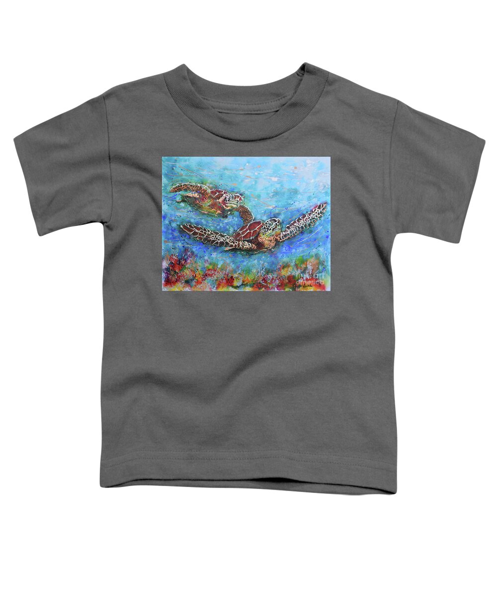 Marine Turtles Toddler T-Shirt featuring the painting Gliding Turtles by Jyotika Shroff