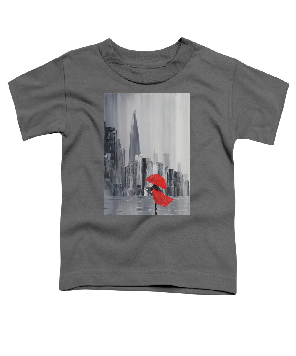 London Toddler T-Shirt featuring the painting Lady in Red Dress and Red Umbrella Walking Alone through a Storm Lashed London Street to the Shard by Russell Collins