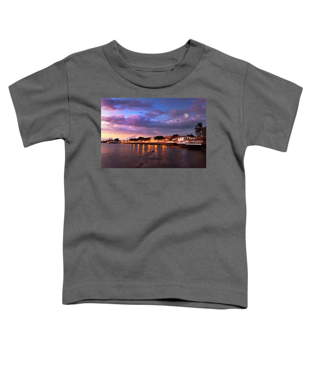 Lahaina Maui Hawaii City Lights Sunset Moon Seascape Toddler T-Shirt featuring the photograph Moon Over Maui #1 by James Roemmling